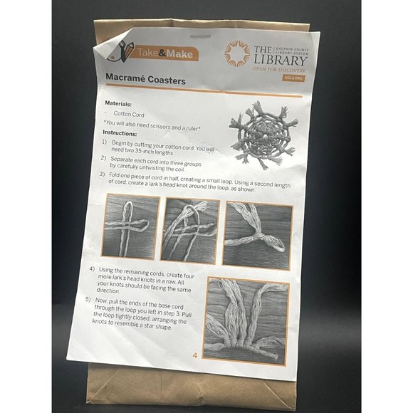 Macrame' Coaster Kit and Instruction Craft Kit Home Decor Length  10 Inches - Picture 2 of 5